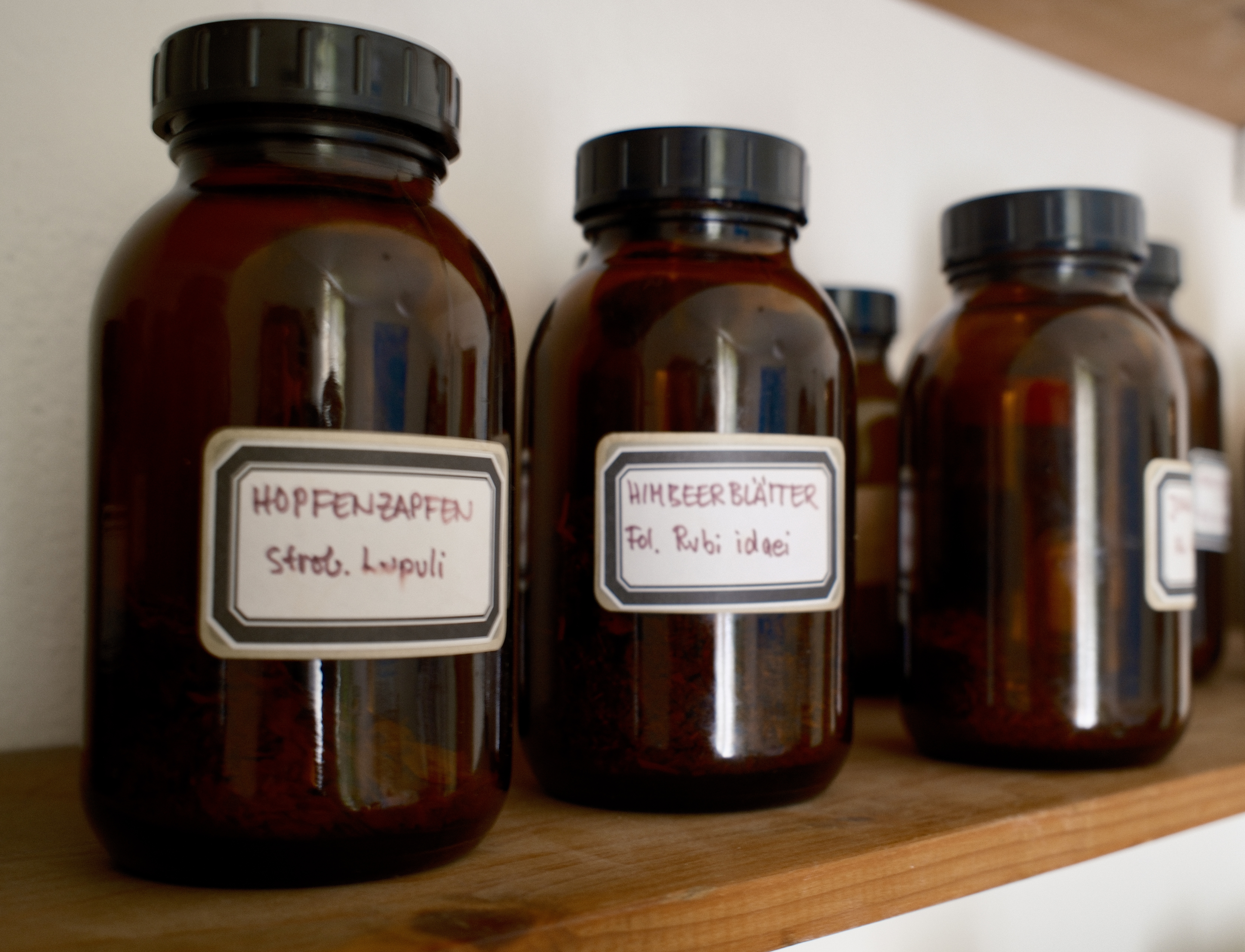 Drei braune Glasflaschen stehen auf einem Holzregal. In den Flaschen befinden sich getrocknete Kräuter