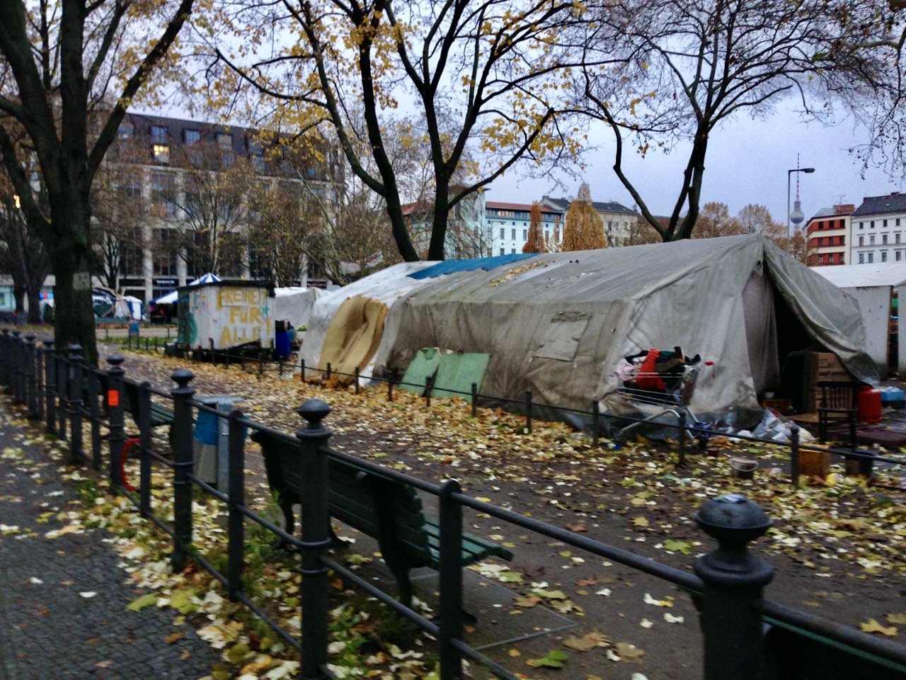 Mehrere Zelte stehen in einer Stadtstraße zwischen Bäumen. Blätter liegen auf dem Boden.
